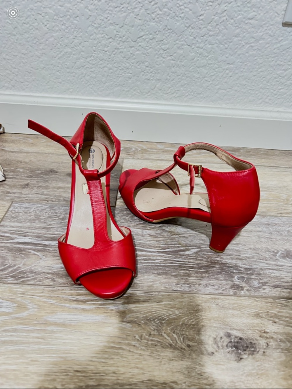 Red T-Strap Mid Heel Sandals - Women